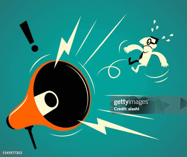 big megaphone shouting at a businessman - noise nuisance stock illustrations
