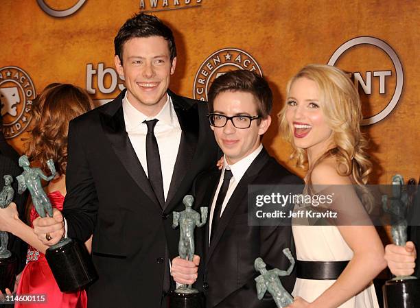 Actors Cory Monteith, Chris Colfer and Dianna Agron pose in the press room at the 16th Annual Screen Actors Gulld Awards held at The Shrine...