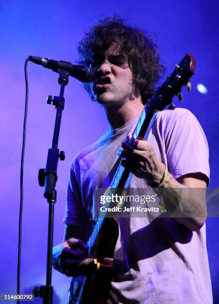 Musician Andrew VanWyngarden of MGMT performs during Day 2 of the Coachella Valley Music & Art Festival 2010 held at the Empire Polo Club on April...