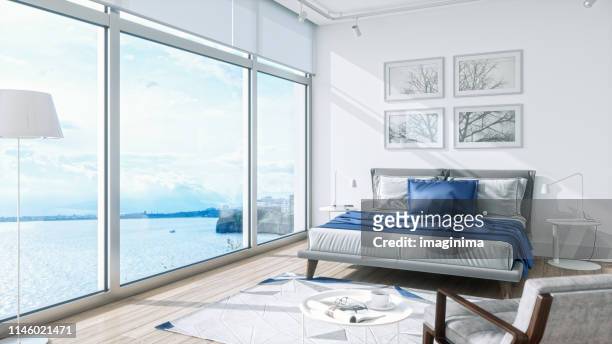 modern bedroom interior with sea view - luxury hotel room stock pictures, royalty-free photos & images