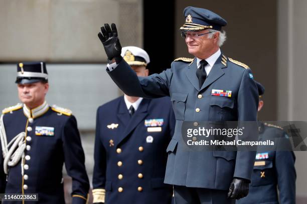 King Carl XVI Gustaf of Sweden waves at a celebration of his 73rd birthday anniversary at the Royal Palace on April 30, 2019 in Stockholm, Sweden.