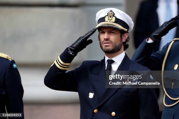 Prince Carl Philip, Duke of Varmland salutes at a celebration of King Carl Gustav's 73rd birthday anniversary at the Royal Palace on April 30, 2019...