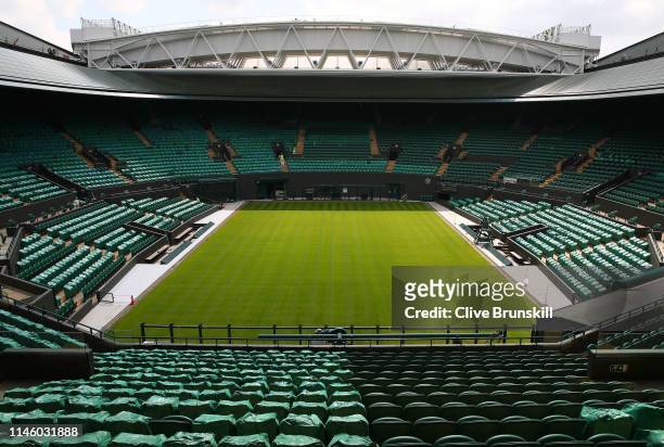 General view inside the Wimbledon Number 1 court with the new fixed and retractable roof after the Wimbledon Spring Press Conference 2019 at the All...