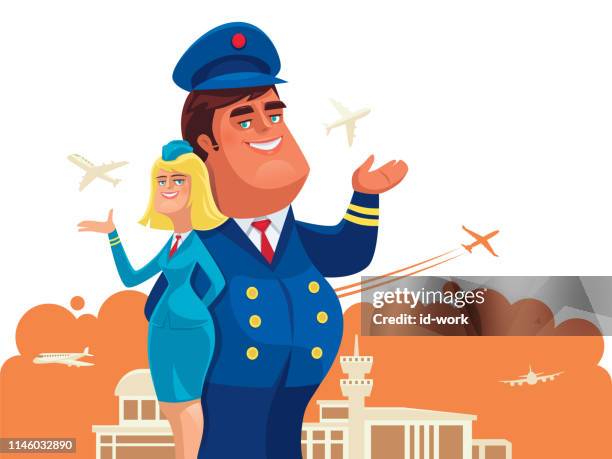 pilot and stewardess presenting - flight attendant plane stock illustrations