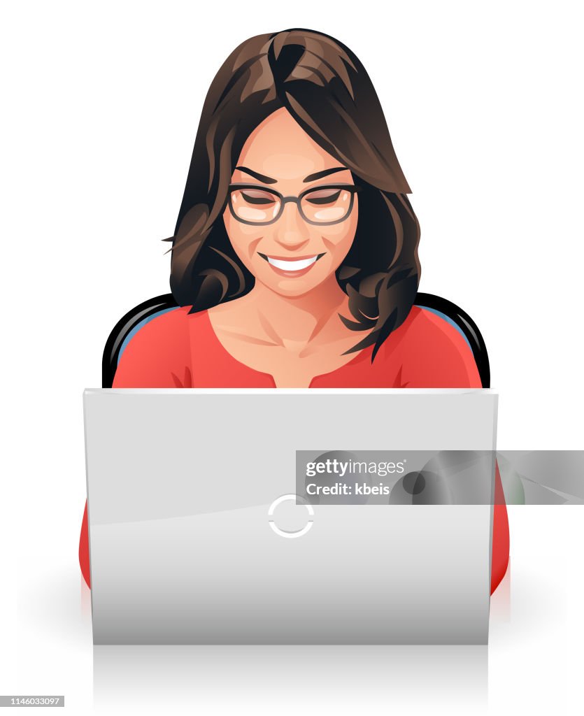 Young Woman With Glasses Working On Laptop High-Res Vector Graphic - Getty  Images