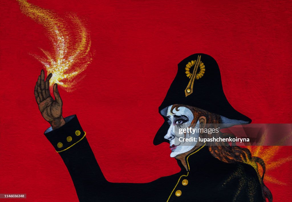 Fashionable illustration allegory modern artwork Carnival my original oil painting on canvas Impressionism symbolic horizontal portrait of a male actor with long dark hair in makeup and theatrical carnival white Harlequin mask in a stage costume in a blac