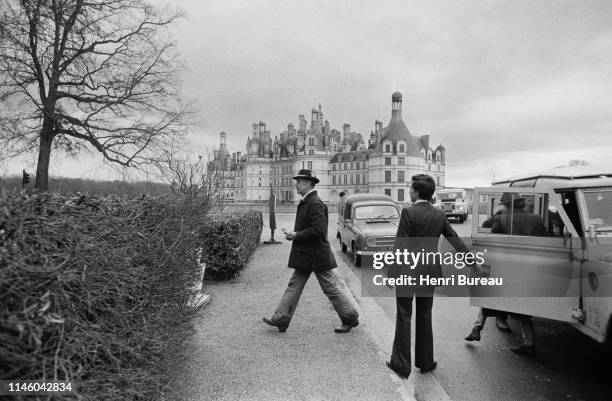 French President Valery Giscard d'Estaing arrives at the Chateau de Chambord to participate in his favorite sport: hunting, 12 Feb 1977, Chambord,...