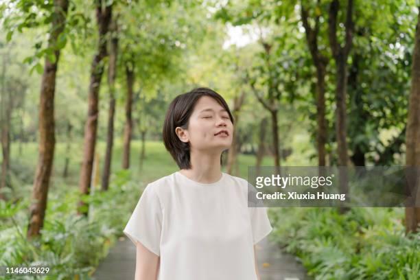 asian female in park - forest bathing stock pictures, royalty-free photos & images