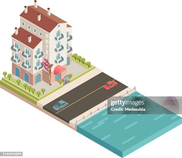 isometric hotel - isometric building entrance stock illustrations