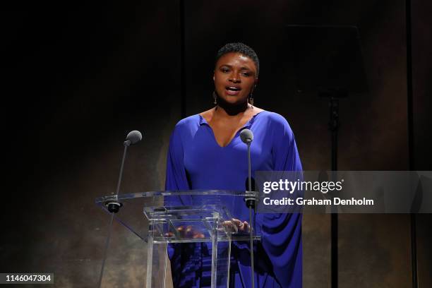 Lizz Wright speaks during the International Jazz Day 2019 All-Star Global Concert at Hamer Hall on April 30, 2019 in Melbourne, Australia.