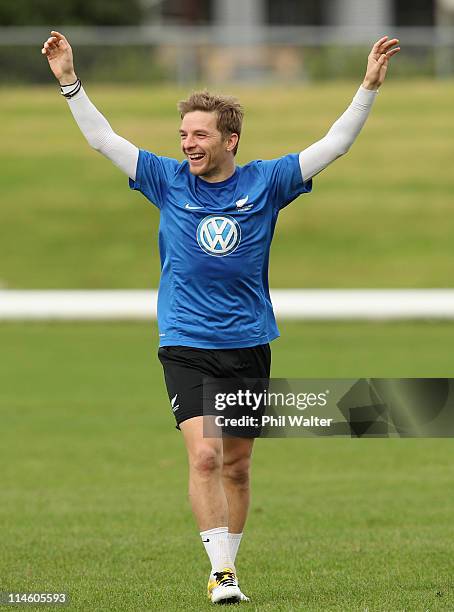 David Mulligan of the All Whites reacts during a New Zealand All Whites training session at North Harbour Stadium on May 25, 2011 in Auckland, New...