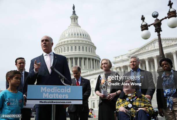 Sen. Robert Casey speaks during a news conference on healthcare April 30, 2019 on Capitol Hill in Washington, DC. The Senate Democrats held the news...