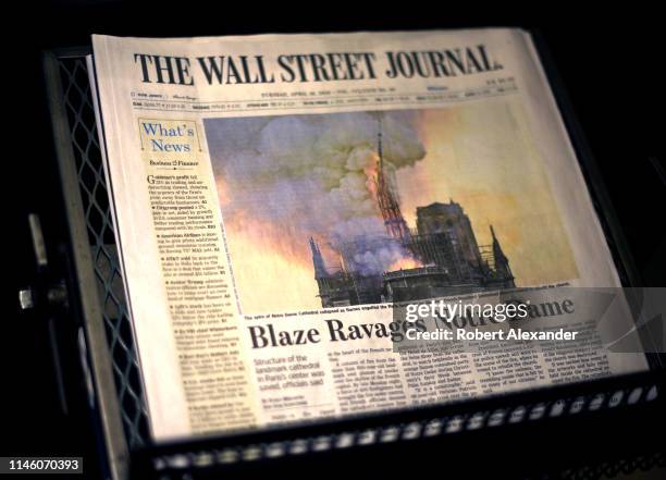 The headline on the April 16, 2019 edition of The Wall Street Journal declares a 'blaze ravages Notre Dame' Cathedral in Paris, France.