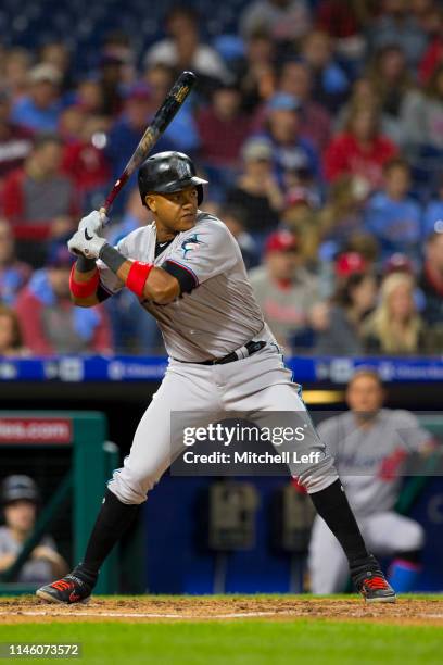 Starlin Castro of the Miami Marlins bats against the Philadelphia Phillies at Citizens Bank Park on April 25, 2019 in Philadelphia, Pennsylvania.