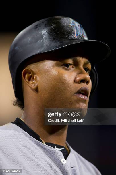 Starlin Castro of the Miami Marlins looks on against the Philadelphia Phillies at Citizens Bank Park on April 25, 2019 in Philadelphia, Pennsylvania.