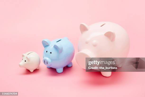 still life of differently sized white, blue and pink piggy banks in ascending size order on pink background - capital region stock-fotos und bilder