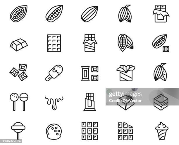 kakao und schokoladenlinie ikonen gesetzt - chocolat stock-grafiken, -clipart, -cartoons und -symbole