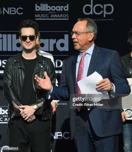 Brendon Urie of Panic! at the Disco and Clark County Commissioner James B. Gibson attend a proclamation ceremony at MGM Grand Garden Arena on April...