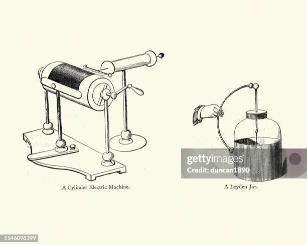 ilustraciones, imágenes clip art, dibujos animados e iconos de stock de máquina eléctrica de cilindro y leyden jar - leiden