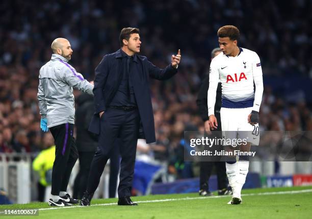 Mauricio Pochettino, Manager of Tottenham Hotspur gives intructions to Dele Alli during the UEFA Champions League Semi Final first leg match between...