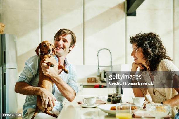 smiling husband holding dog while eating breakfast with family - teckel stock-fotos und bilder