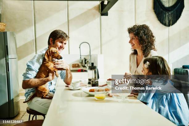 smiling father holding dog while having breakfast with family in kitchen - share my wife fotos stock-fotos und bilder