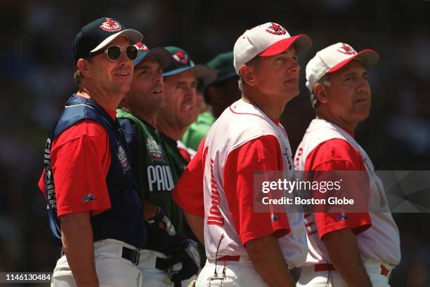 From left, actor Kevin Costner, quarterback Doug Flutie, former Red Sox center fielder Fred Lynn, actor Mark Harmon and former Red Sox infielder Rico...