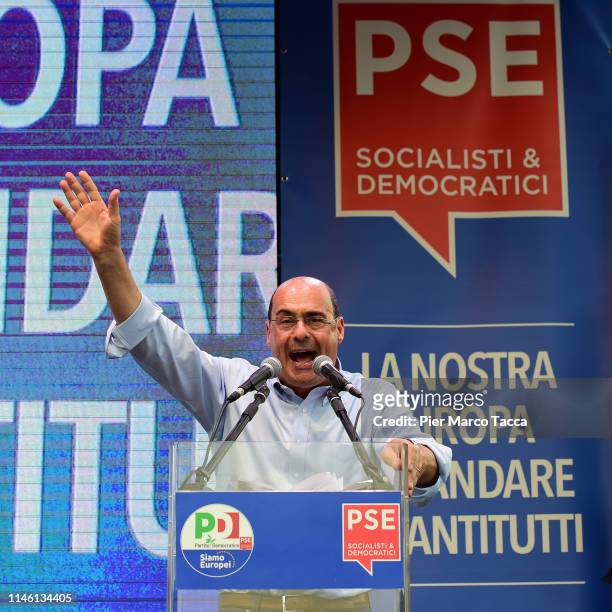 Nicola Zingaretti, National Secretary of the Democratic Party, makes a speech to the demonstration of the Democratic Party ahead of the European...