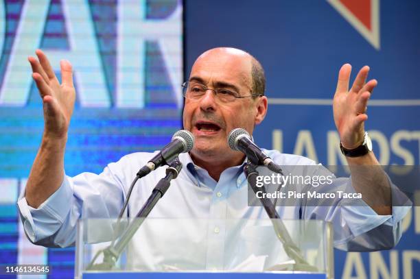 Nicola Zingaretti, National Secretary of the Democratic Party, makes a speech to the demonstration of the Democratic Party ahead of the European...