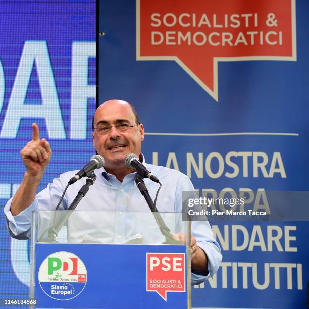 Nicola Zingaretti, National Secretary of the Democratic Party, makes a speech to the demonstration of the Democratic Party ahead of the European...