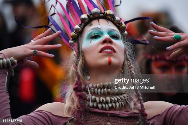 Beltane Fire Society performers celebrate the coming of summer by participating in the Beltane Fire Festival on Calton Hill April 30, 2019 in...