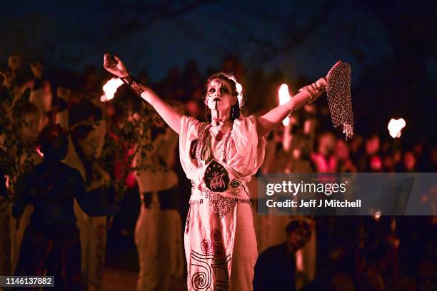 Beltane Fire Society performers celebrate the coming of summer by participating in the Beltane Fire Festival on Calton Hill April 30, 2019 in...