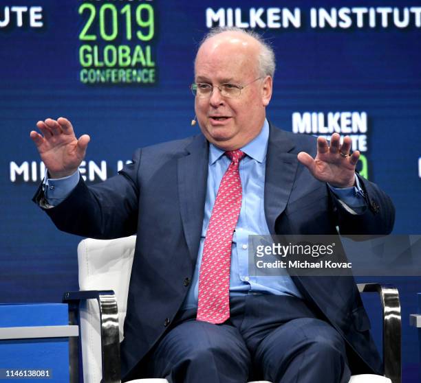 Karl Rove participates in a panel discussion during the annual Milken Institute Global Conference at The Beverly Hilton Hotel on April 29, 2019 in...