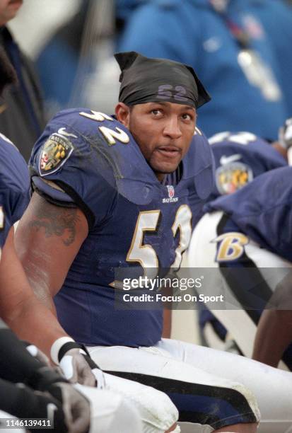 Ray Lewis of the Baltimore Ravens looks on against the San Diego Chargers during an NFL football game December 10, 2000 at PSINet Stadium in...