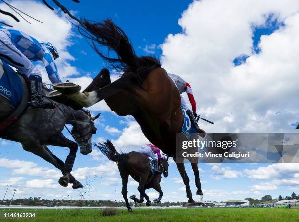 Martin Kelly riding Pentomatic winning Race 4, Decron Dunroe BM120 Steeplechase during the Warrnambool Carnival at Warrnambool Racing Club on May 1,...