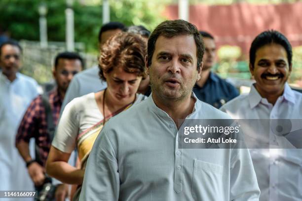Rahul Gandhi and Priyanka Gandhi arrive at the Congress party headquarters to attend the Congress working committee meeting to review the partie's...