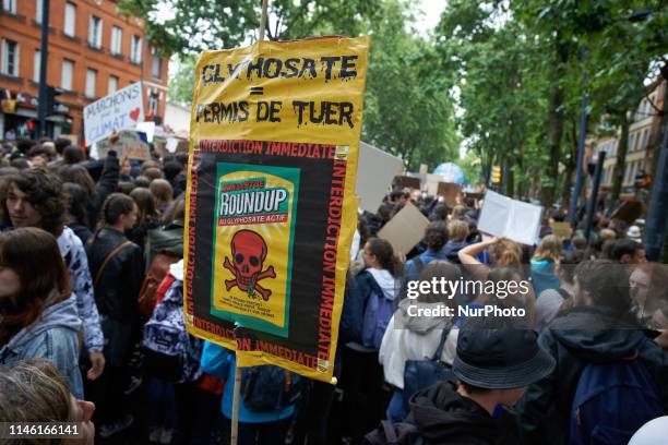 Protester holds a placard reading 'Glyphosate : license to kill'. Following the call of Greta Thunberg for a World School Strike, school students and...
