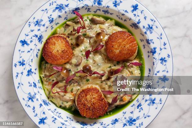 Pan Seared Scallops, Orzo Risotto, Mascarpone Cheese and Fines Herbes photographed at Addie's in Potomac, MD on February 15, 2019. .