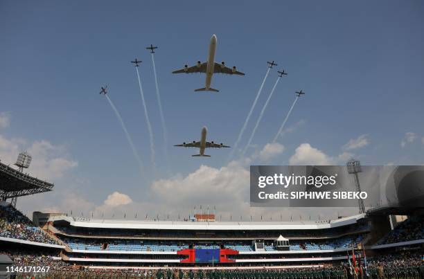 Aircraft fly past at the inauguration of Cyril Ramaphosa as South African President at Loftus Versfeld stadium in Pretoria, South Africa, on May 25,...