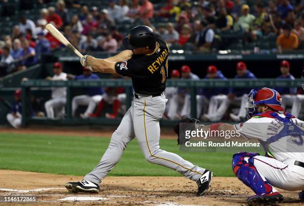 Bryan Reynolds of the Pittsburgh Pirates at bat against the Texas Rangers at Globe Life Park in Arlington on April 30, 2019 in Arlington, Texas.