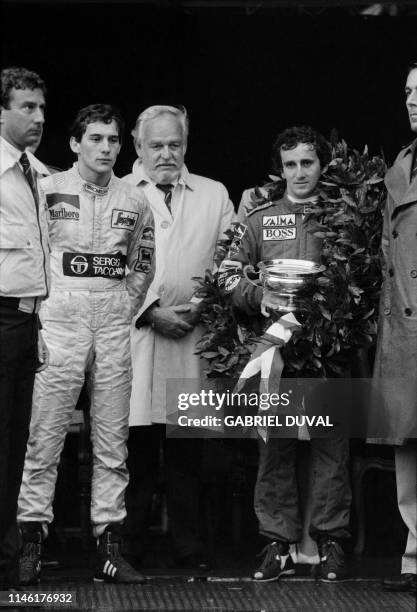Picture taken on June 3, 1984 on the Monte Carlo race track at Monaco showing the second classed of the competition Brazilian racing driver Ayrton...