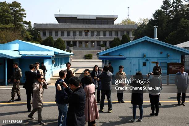 South Koreans visit as they tour the truce village of Panmunjom inside the demilitarized zone separating the South and North Korea on May 01, 2019 in...