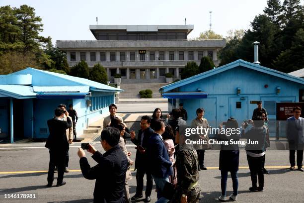 South Koreans visit as they tour the truce village of Panmunjom inside the demilitarized zone separating the South and North Korea on May 01, 2019 in...