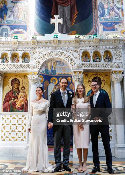 Prince Dushan and Valerie De Muzio pose for a photo with Prince Philip and Princess Danica after their wedding ceremony at Oplenac church on May 25,...