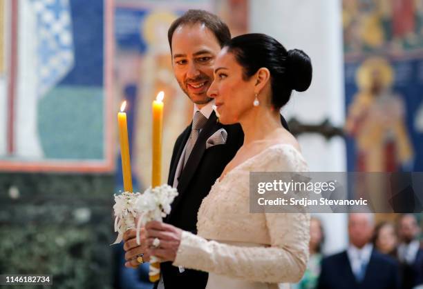 Prince Dushan and his bride Valerie De Muzio during their wedding ceremony at Oplenac church on May 25, 2019 in Topola, Serbia. Prince Dushan...
