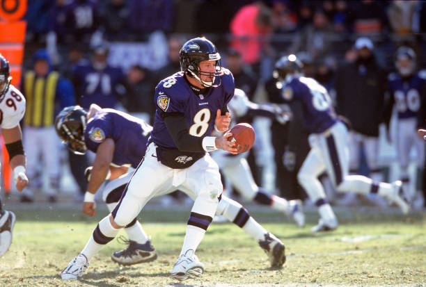 Trent Dilfer of the Baltimore Ravens turns to hand the ball off to a running back against the Denver Broncos during the AFC Wild Card Game December...