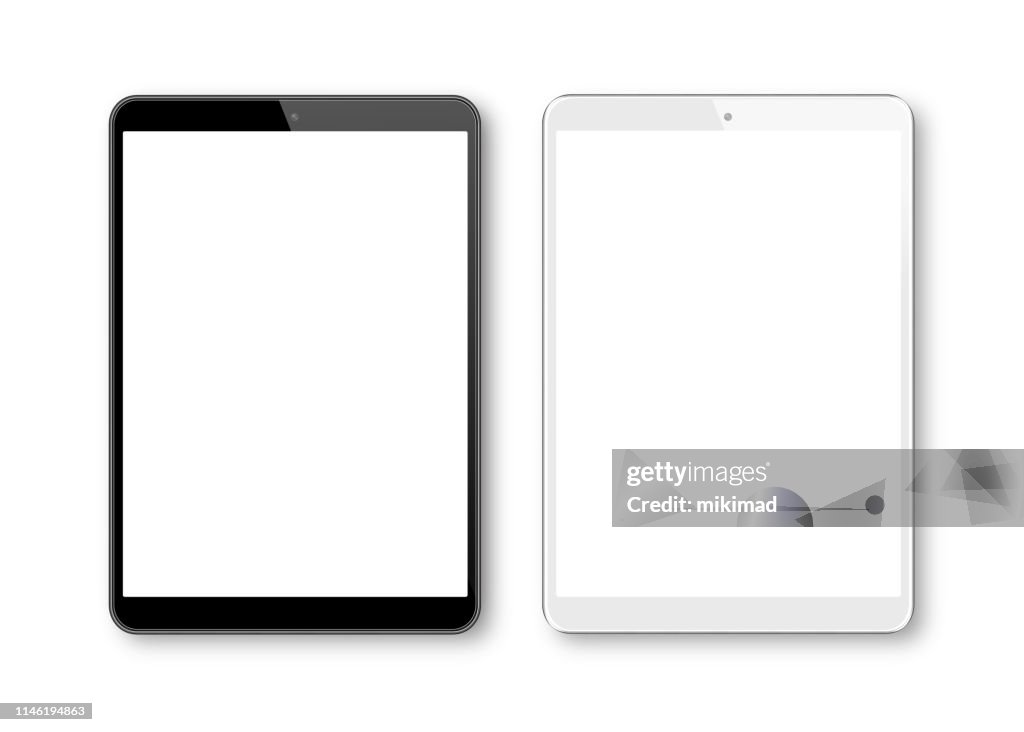 Ilustración vectorial realista de plantilla de tableta digital blanca y negra. Los dispositivos digitales modernos