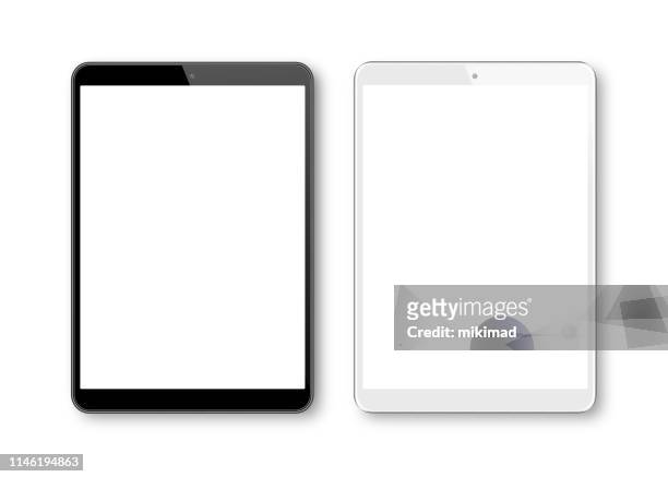 ilustraciones, imágenes clip art, dibujos animados e iconos de stock de ilustración vectorial realista de plantilla de tableta digital blanca y negra. los dispositivos digitales modernos - recortable