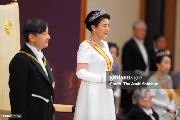 New Empress Masako attends the 'Sokui-go-Choken-no-Gi' ceremony that new Emperor Naruhito receives representatives of the people in audience for the...