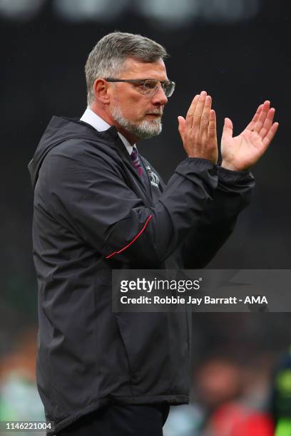 Craig Levein the head coach / manager of Hearts applauds the fans at full time during the William Hill Scottish Cup final between Heart of Midlothian...